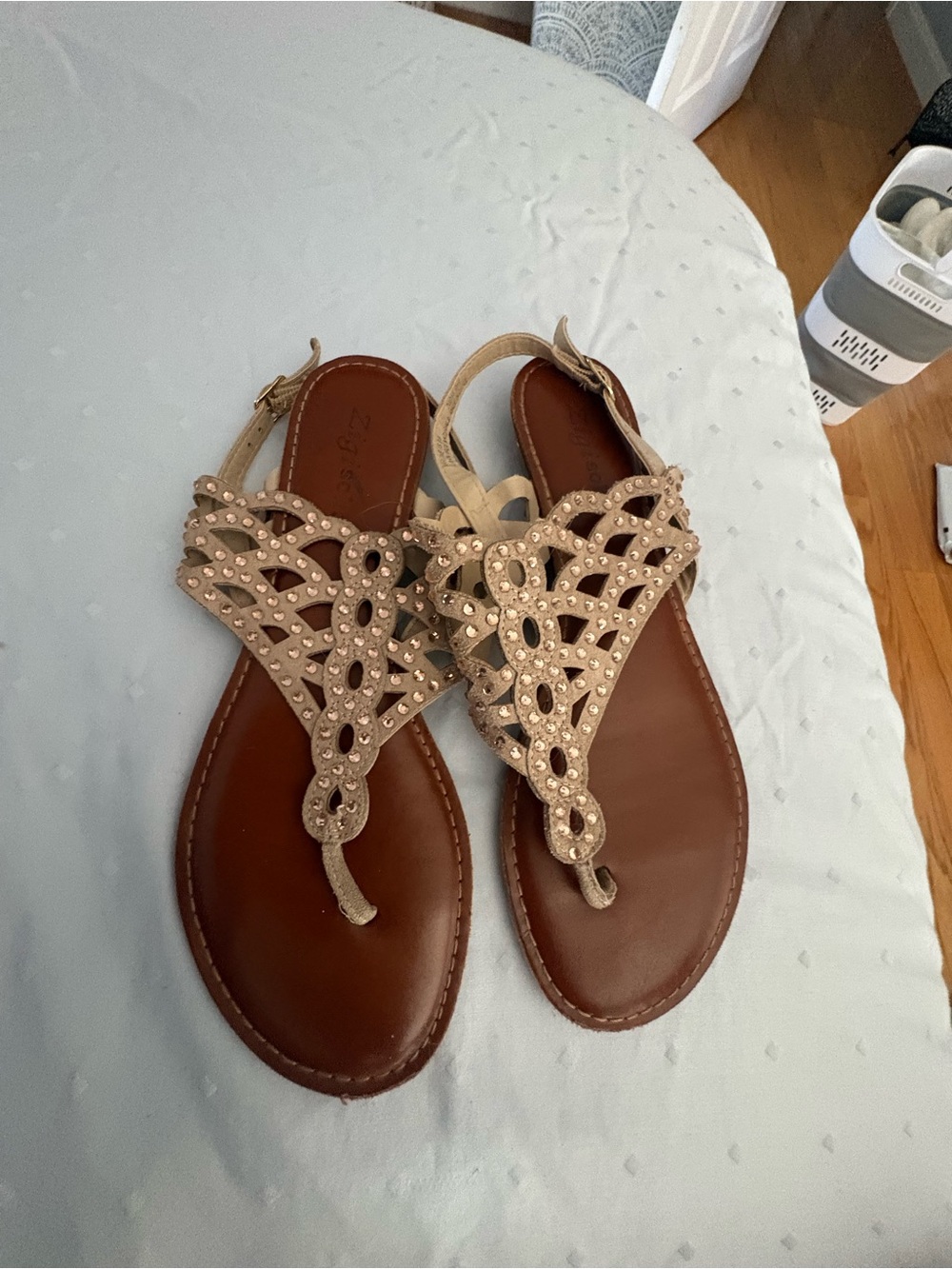 Women's Beige Jeweled T-Strap Sandals